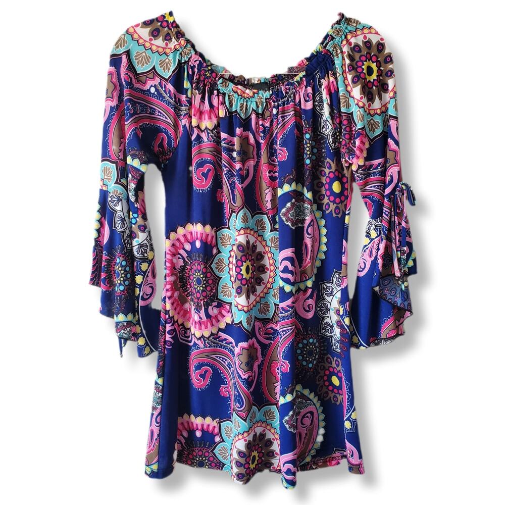 Women Lildy Colorful Floral Tie Sleeve Tunic Top S Lagenlook Artsy Art to Wear